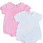 Two White Collared Baby Bubble Sleeve Onesies on a white background; one is pink with a scalloped collar, and the other is light blue, also with a scalloped collar, both made of 100%