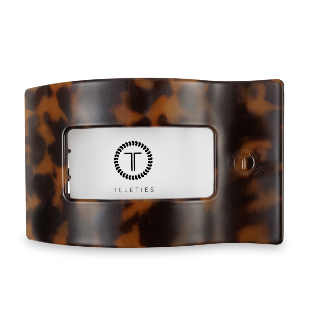 Large Flat Rectangle Hair Clip in tortoise pattern with open window, TELETIES logo, and adjustment knob. Size: Large.
