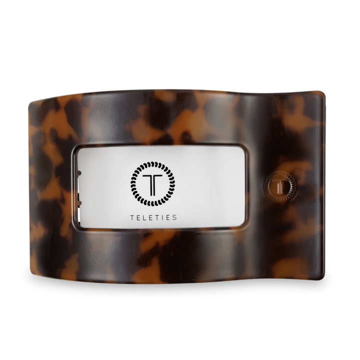 Large Flat Rectangle Hair Clip in tortoise pattern with open window, TELETIES logo, and adjustment knob. Size: Large.