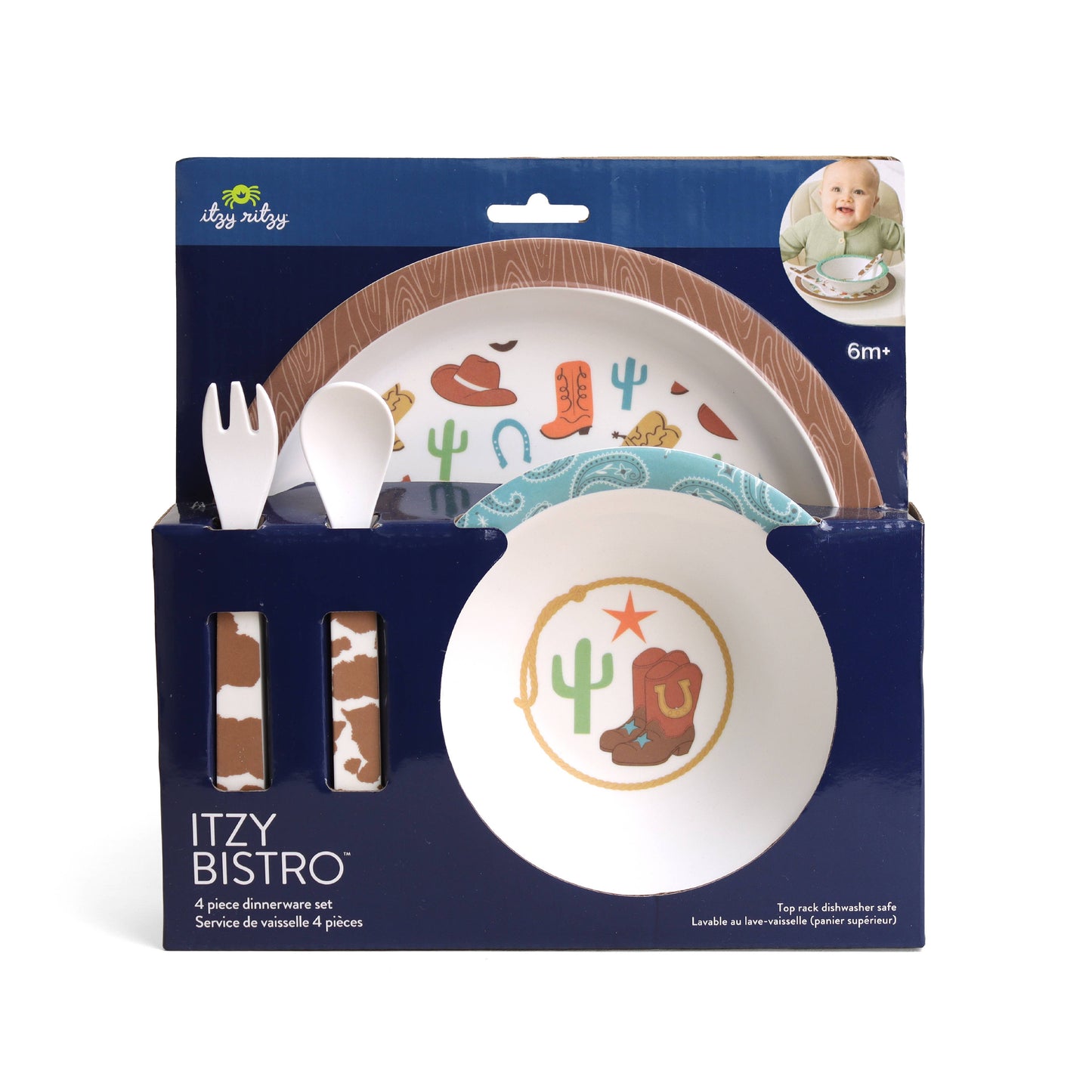 Itzy Bistro™ 4-Piece cowboy-themed plate, bowl, fork, spoon; BPA free; for 6M+ toddlers. Sizes: toddler-sized only.