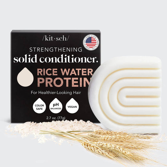 Boxed, solid Rice Water Protein Conditioner Bar for Hair Growth; color safe, pH balanced, vegan. Sizes: 2oz, 4oz.