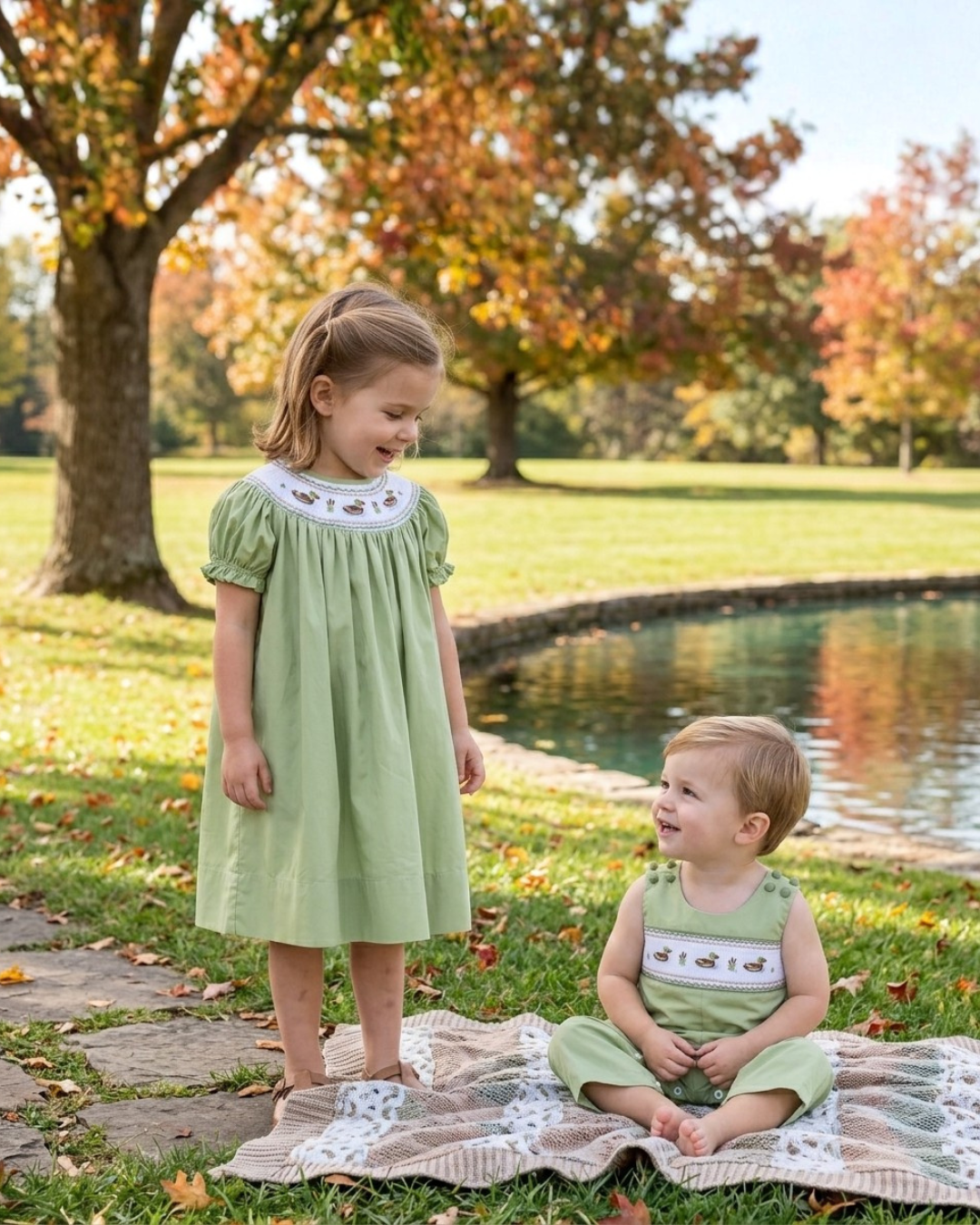 Pistachio Green Mallard Duck Smocked Bishop Dress shown in size 4T; available in multiple sizes.