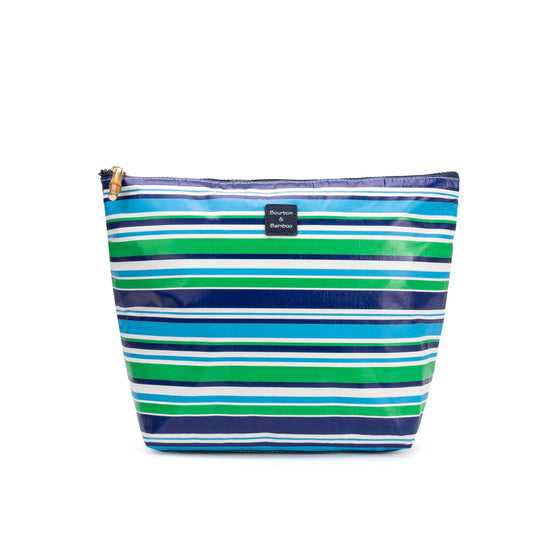 Splash-proof zippered pouch with blue, green, white, and black stripes. Front black label. Available in large size only.