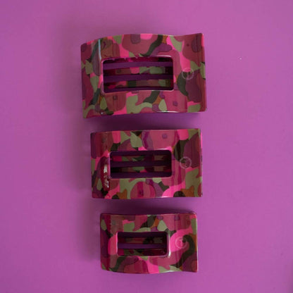 Garden Glam Medium Flat Rectangle Hair Clips featuring a pink, green, and brown camouflage pattern. Available in medium size.