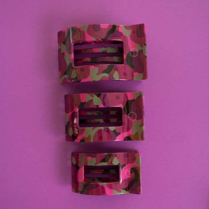 Garden Glam Medium Flat Rectangle Hair Clips featuring a pink, green, and brown camouflage pattern. Available in medium size.