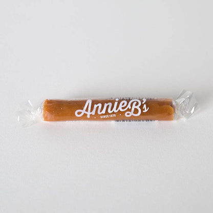 Handmade Caramel in clear plastic with "Annie B's" in white. Available in standard and mini sizes.