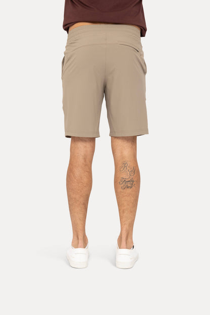 Men's tan drawstring shorts with pockets; available in sizes S-XXL.