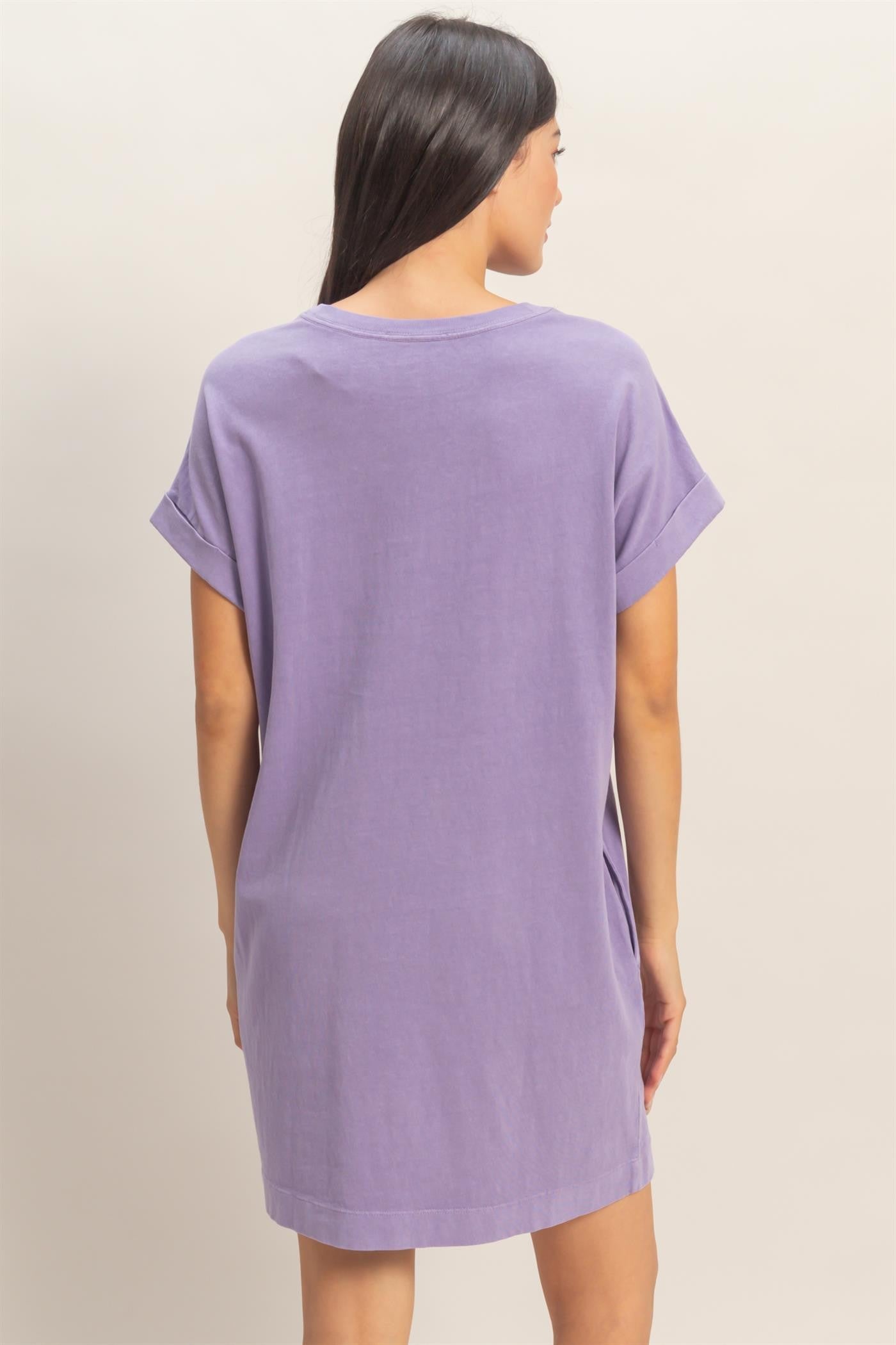 Lavender Relaxed Fit Crewneck T-Shirt Dress with short sleeves, loose fit. Available in sizes XS-XL.