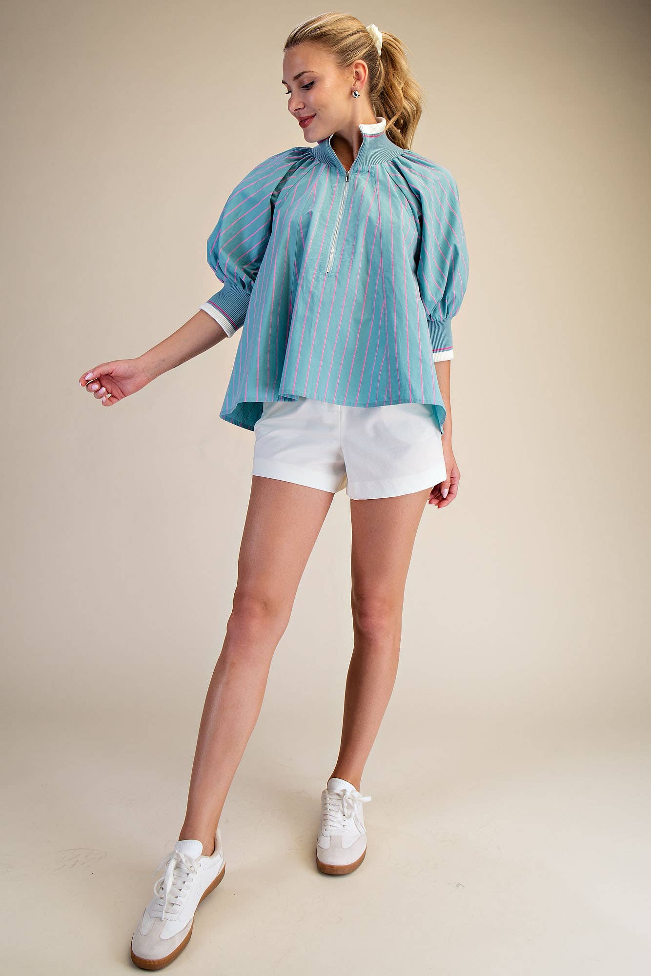 Mint Mock Neck Band Puff Sleeve Blouse