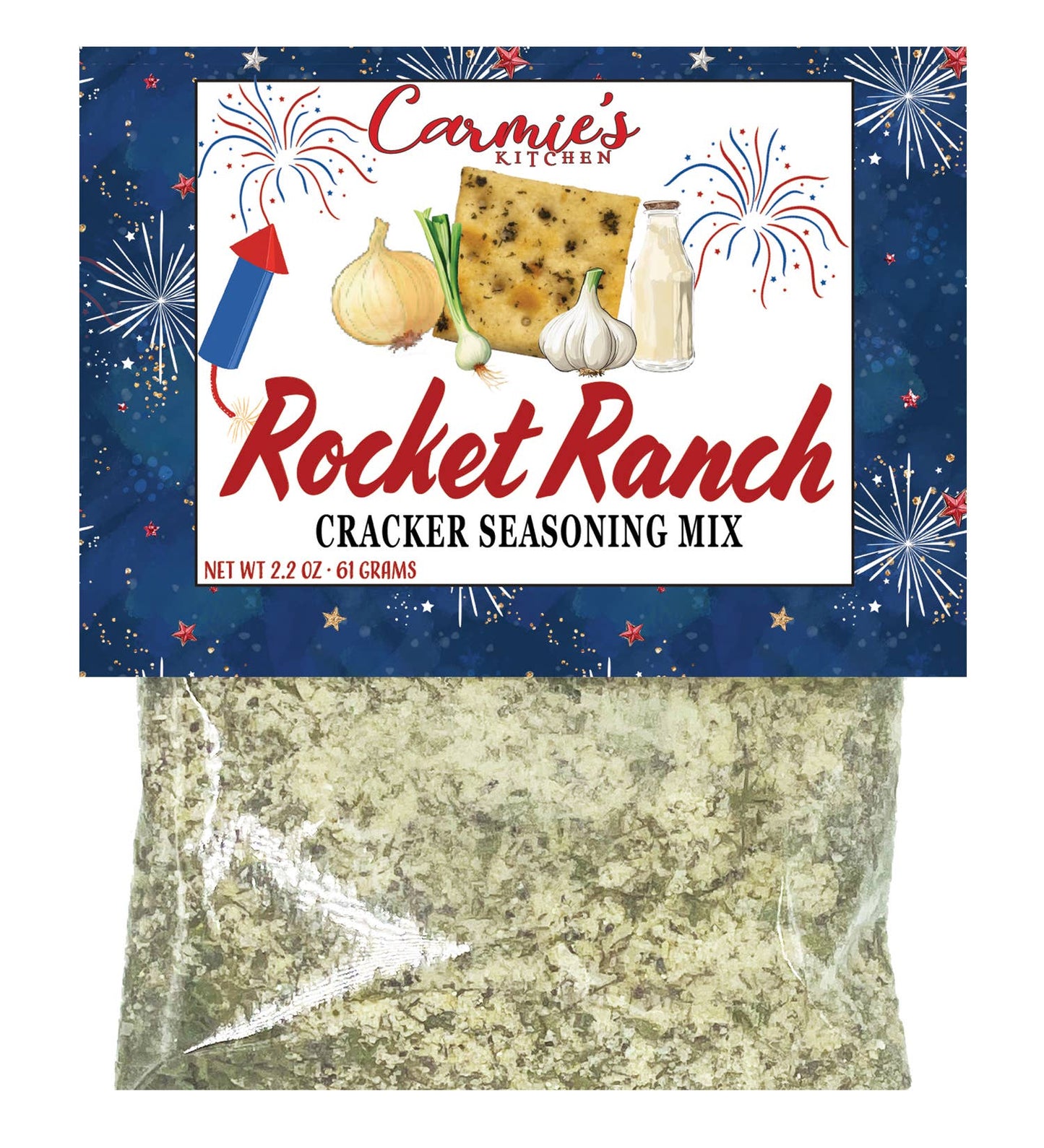 Rocket Ranch Cracker Seasoning packet, blue fireworks label. Available in 1 oz and 4 oz sizes. Great for dips and crackers.