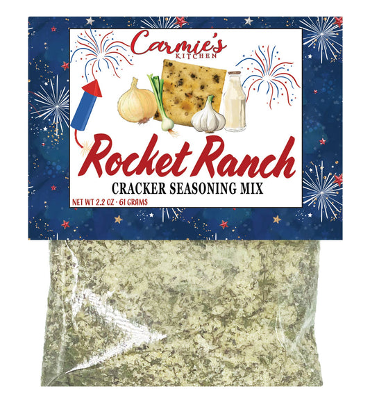 Rocket Ranch Cracker Seasoning packet, blue fireworks label. Available in 1 oz and 4 oz sizes. Great for dips and crackers.