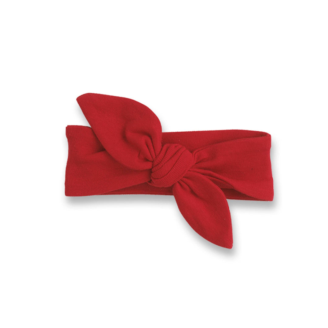 Cranberry red cotton baby headband with central knotted bow. Available in sizes for babies and toddlers.