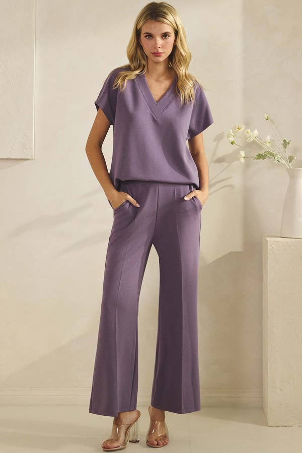 Dusty Purple Thin Modal Scuba Set: relaxed fit, loose V-neck top and wide-leg pants. Available in sizes S–XL.