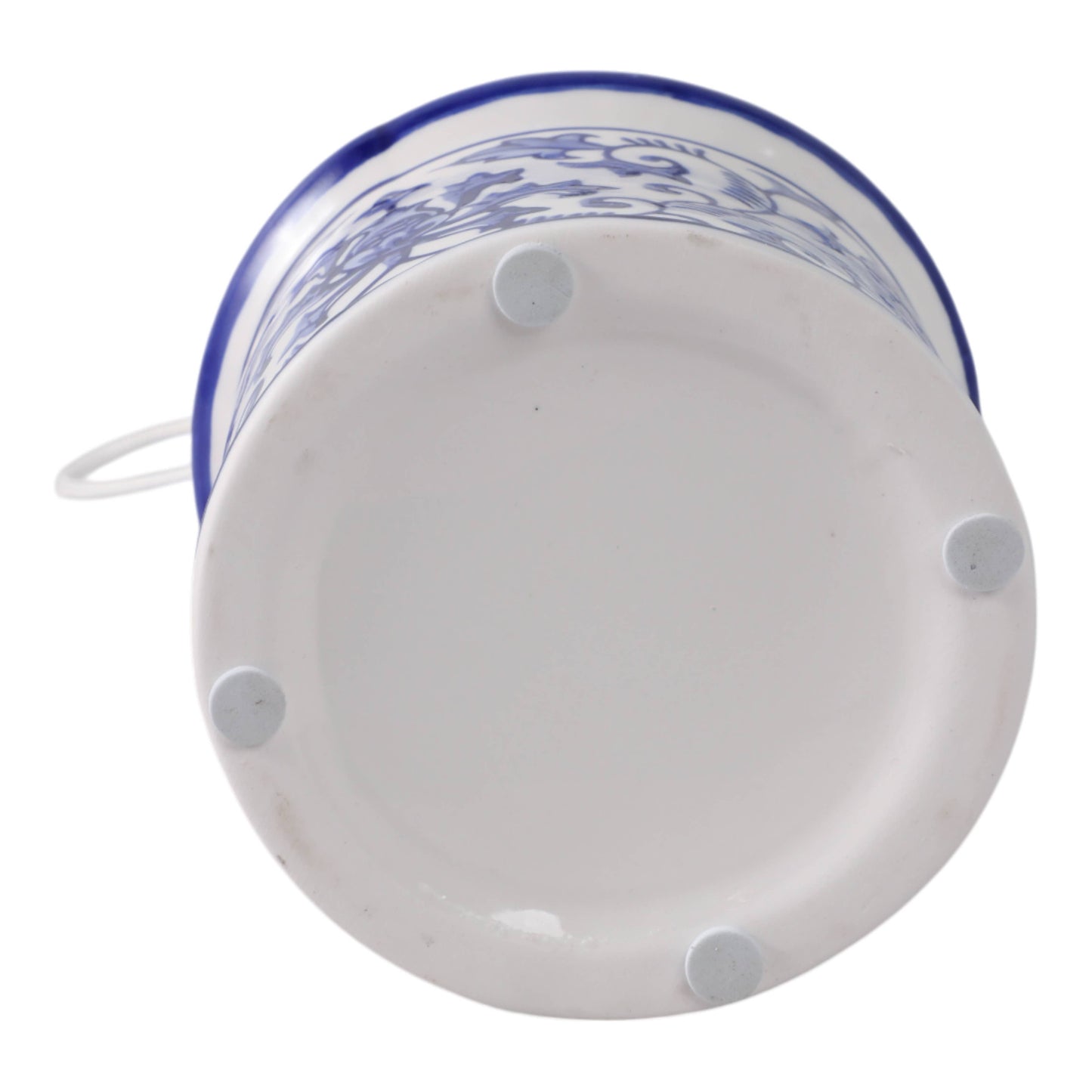 White/Blue 8x5 in. ceramic bird house bottom with four white pads for stability and a partially visible handle.