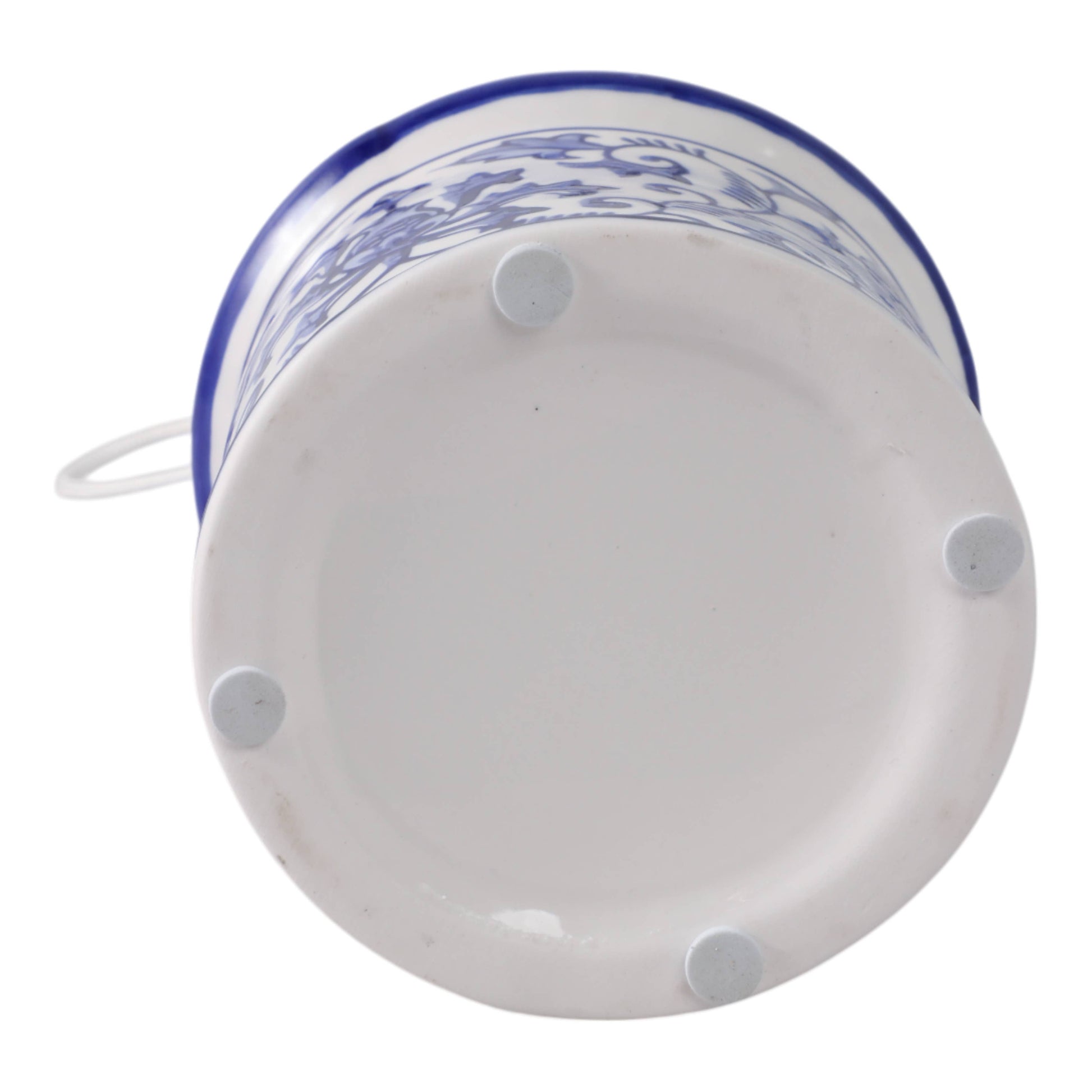 White/Blue 8x5 in. ceramic bird house bottom with four white pads for stability and a partially visible handle.