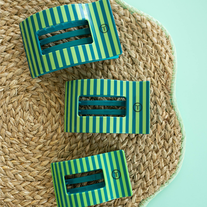 Three Cabana Cutie Medium Flat Rectangle Hair Clips in green-and-blue stripes, available in medium size.