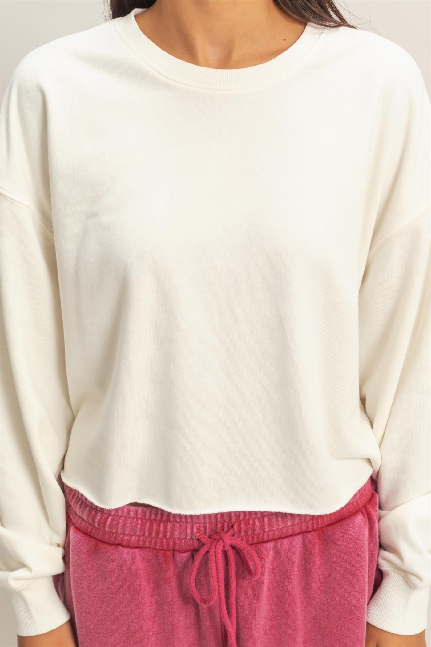 Cropped Mineral Wash Sweatshirt in white. Sizes: XS-XL.