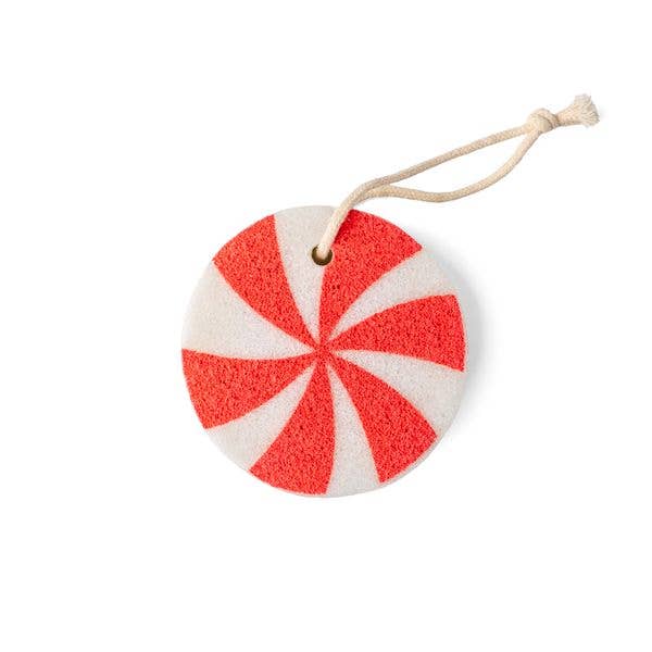 Lemon Lavender Bubbly and Bright Super Sudsy Soap Sponge, round with a red and white peppermint swirl pattern and a beige hanging loop. Sizes available: small, medium, large.