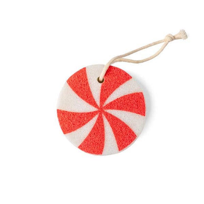 Lemon Lavender Bubbly and Bright Super Sudsy Soap Sponge, round with a red and white peppermint swirl pattern and a beige hanging loop. Sizes available: small, medium, large.