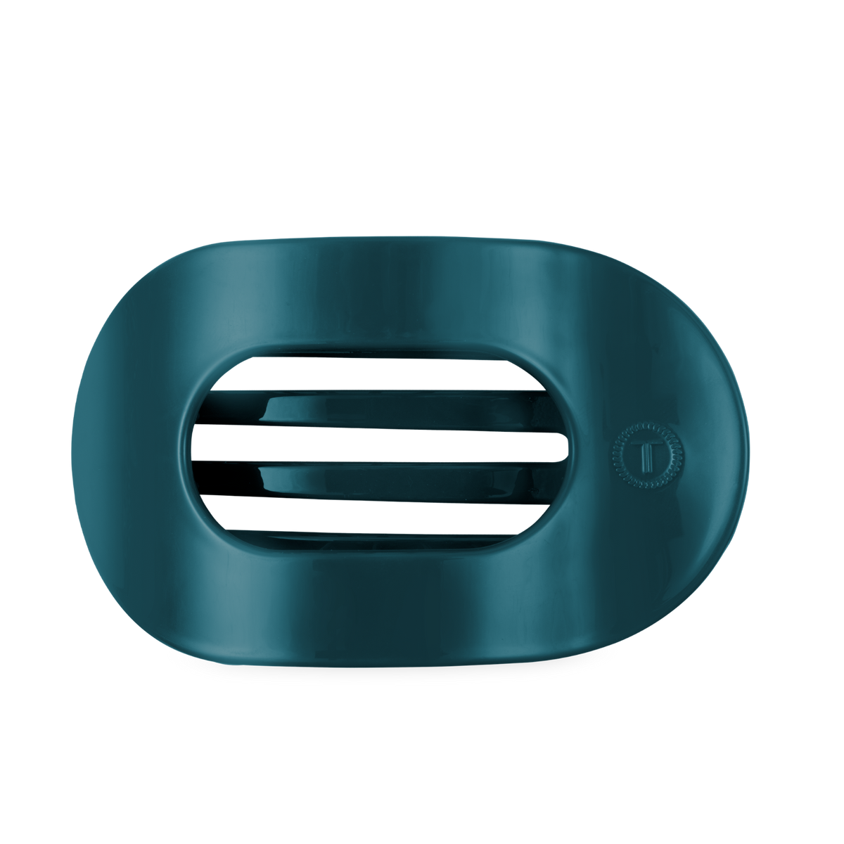 Dark teal, oval-shaped soap dish with two horizontal slats and a sleek design. Available in one size.