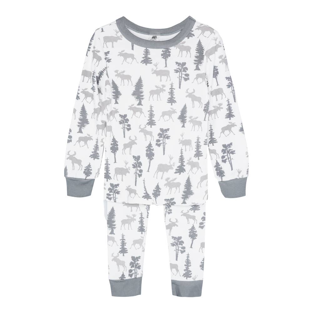 Kids' Long John Pajama Set - Moose: white base, gray cuffs, moose/tree print in gray. Available in sizes 2T-10.