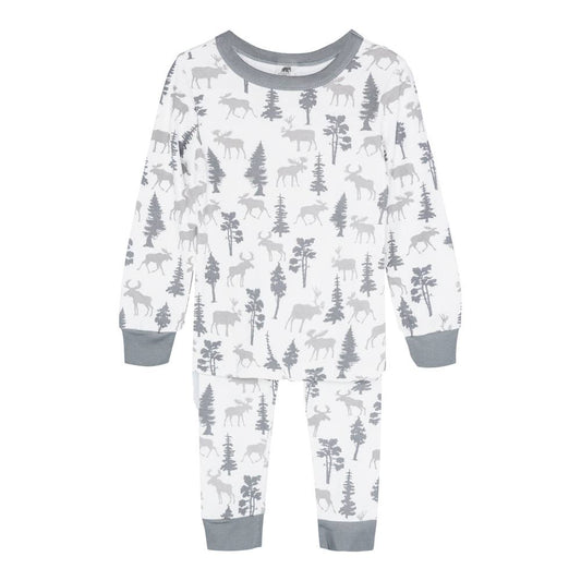 Kids' Long John Pajama Set - Moose: white base, gray cuffs, moose/tree print in gray. Available in sizes 2T-10.