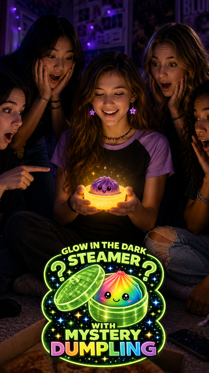 Glow-in-the-Dark Mystery Dumpling Squishy Toy shown glowing. Available sizes: small, medium, large.