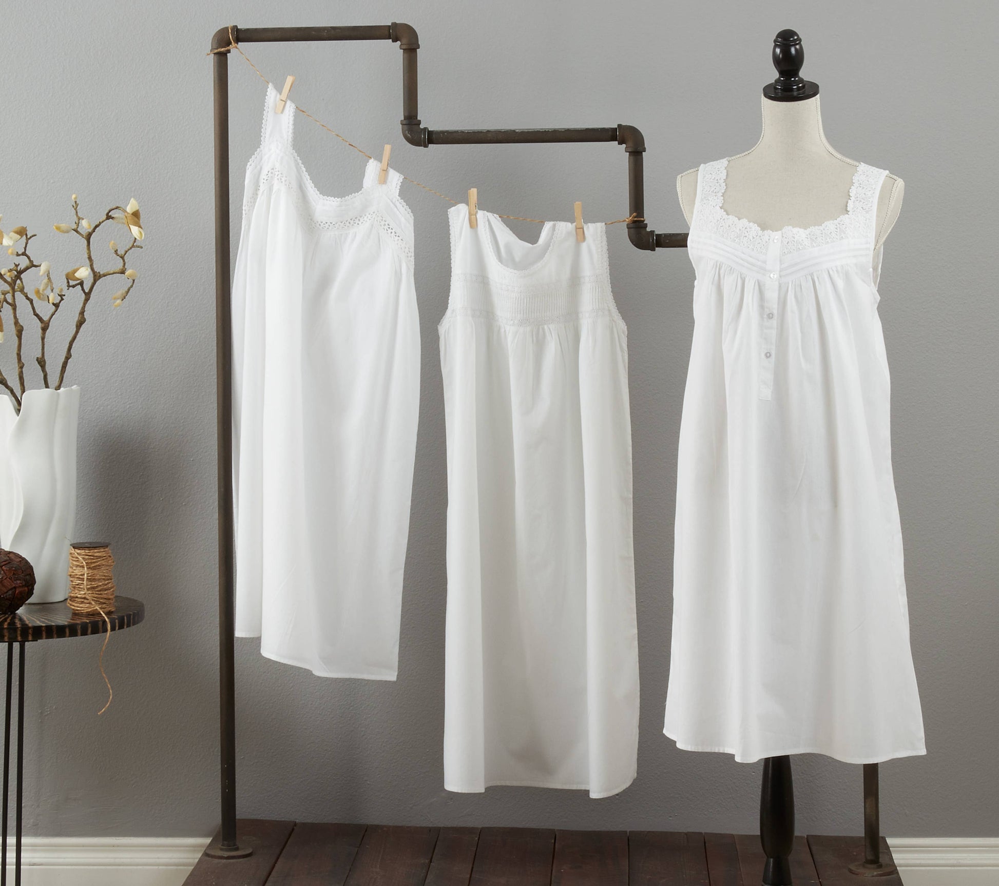 Three white scoop neck embroidered nightgowns, ideal for loungewear. Available in S, M, L.