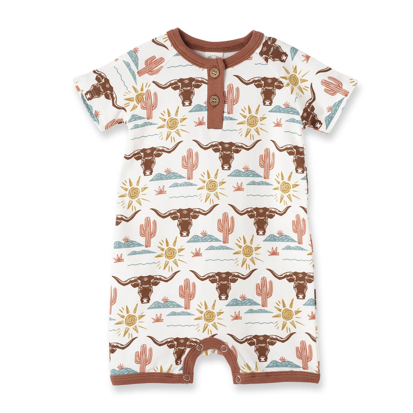 Western baby romper with brown steer heads, cacti, sun, and clouds; brown trim, chest buttons, leg snaps. Sizes NB-24M.
