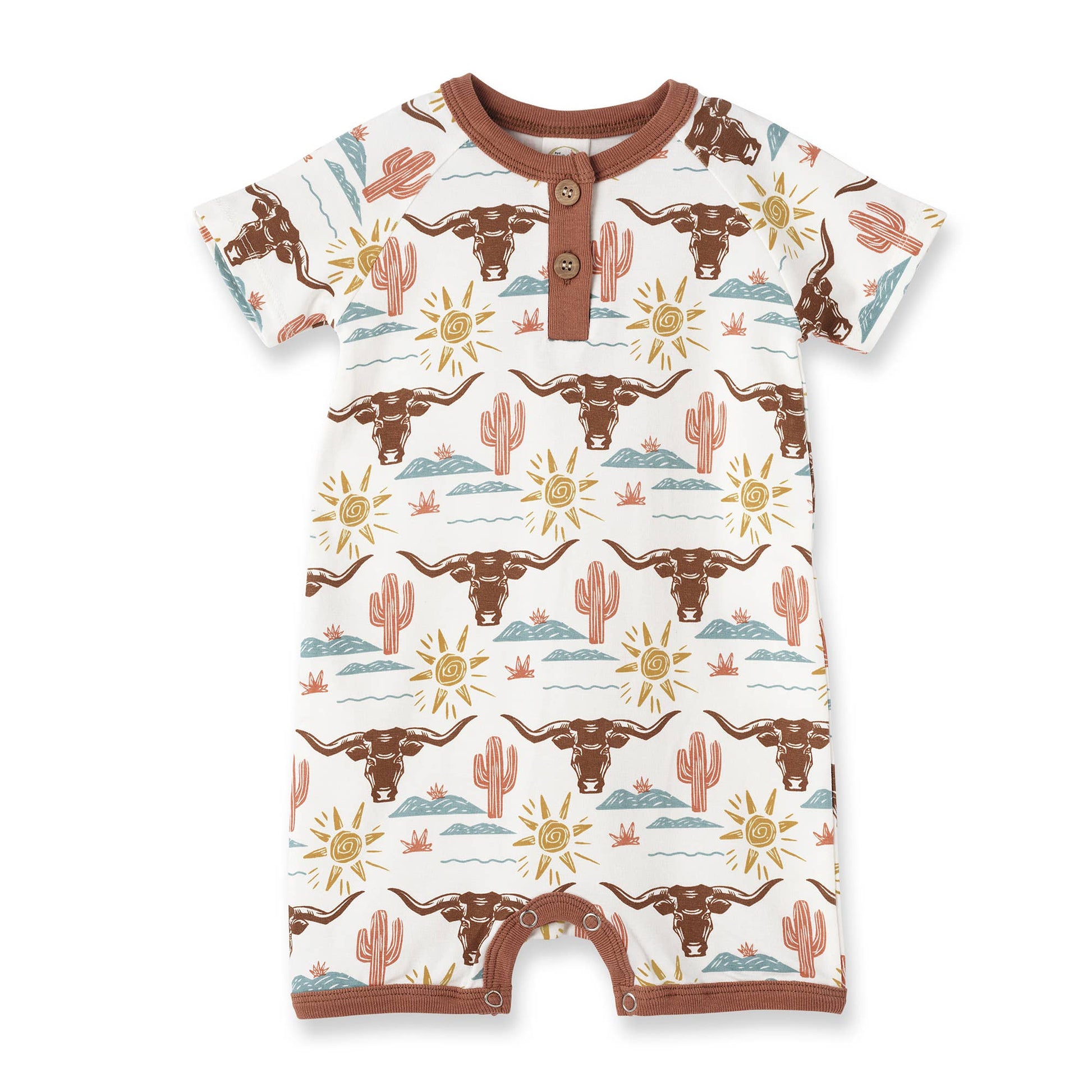 Western baby romper with brown steer heads, cacti, sun, and clouds; brown trim, chest buttons, leg snaps. Sizes NB-24M.