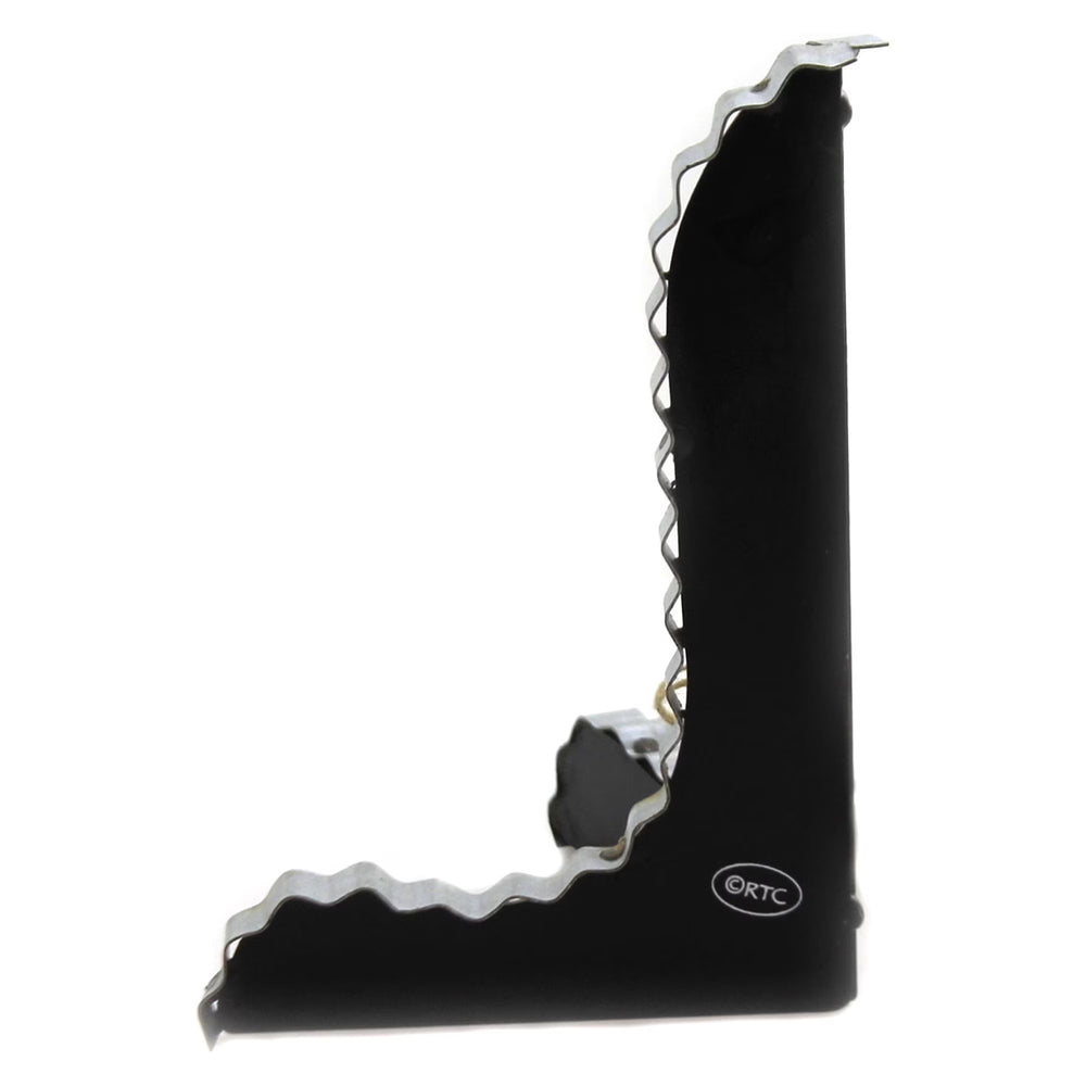 Mini black galvanized metal easel with L-shaped design, wavy front edge, and adjustable knob.