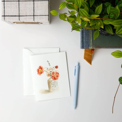 Vintage Bouquet Notecard with red flowers in vase watercolor. Available in 4x6" and 5x7" sizes.
