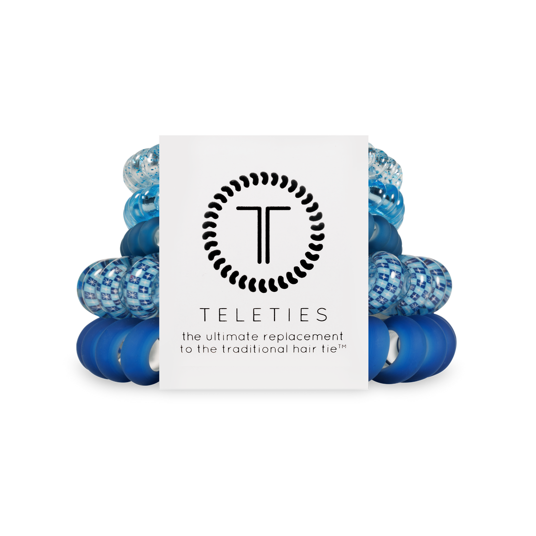 Blue Mazel! Spiral Hair Coils Mix Pack by TELETIES, in multiple sizes, designed for use as hair ties or bracelets.