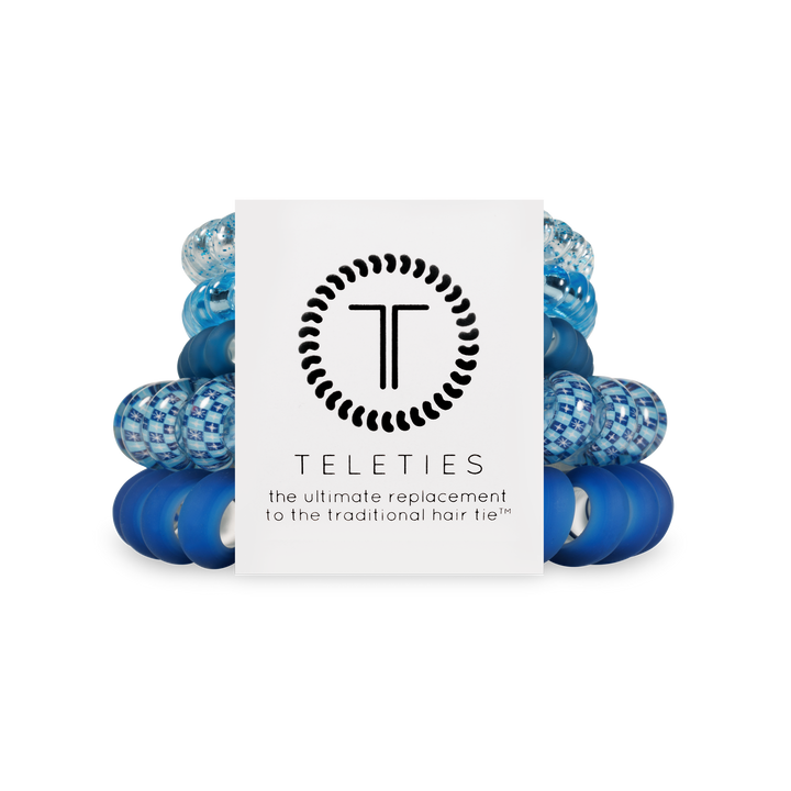 Blue Mazel! Spiral Hair Coils Mix Pack by TELETIES, in multiple sizes, designed for use as hair ties or bracelets.