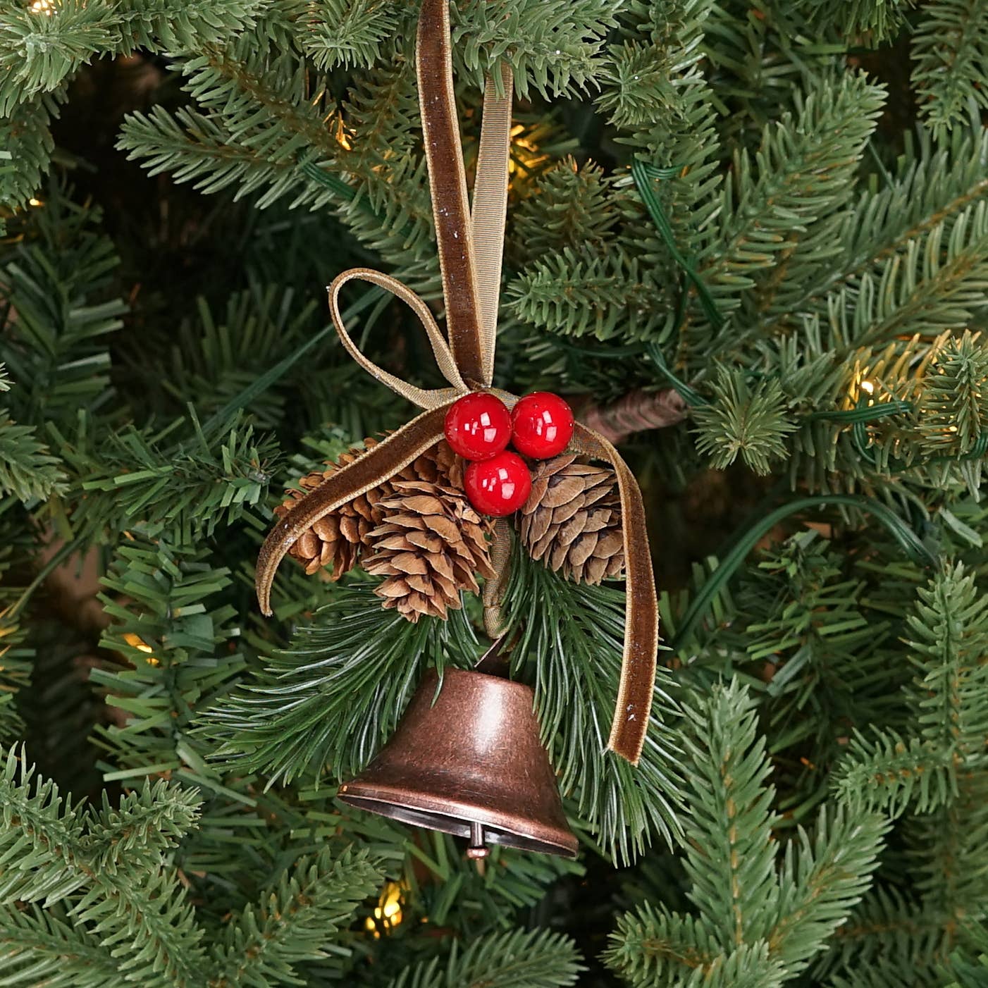 5inL Hanging Decor-Bronze Bell, pinecones, berries