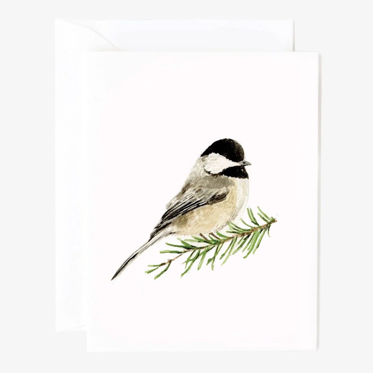 Evergreen Christmas assorted notecard set with a watercolor chickadee on a pine branch; available in multiple sizes.