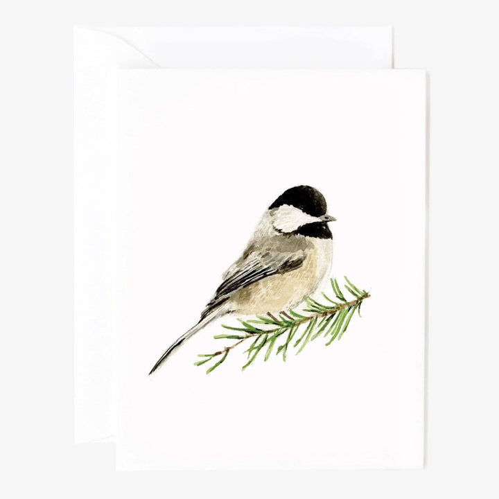 Evergreen Christmas assorted notecard set with a watercolor chickadee on a pine branch; available in multiple sizes.