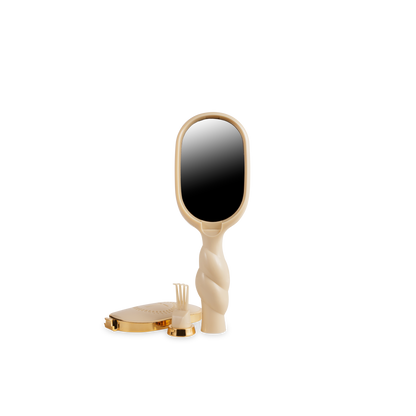 Beige hand mirror with twisted handle; available in one standard size.