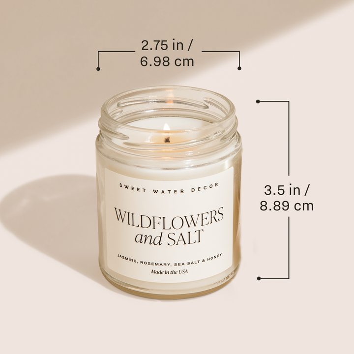 9 oz Wildflowers and Salt soy candle in a glass jar, 2.75 inches wide by 3.5 inches tall.