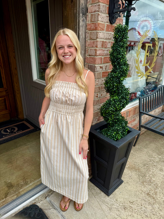 Taupe Striped Spaghetti Strap Midi Dress; available in sizes XS-XL.
