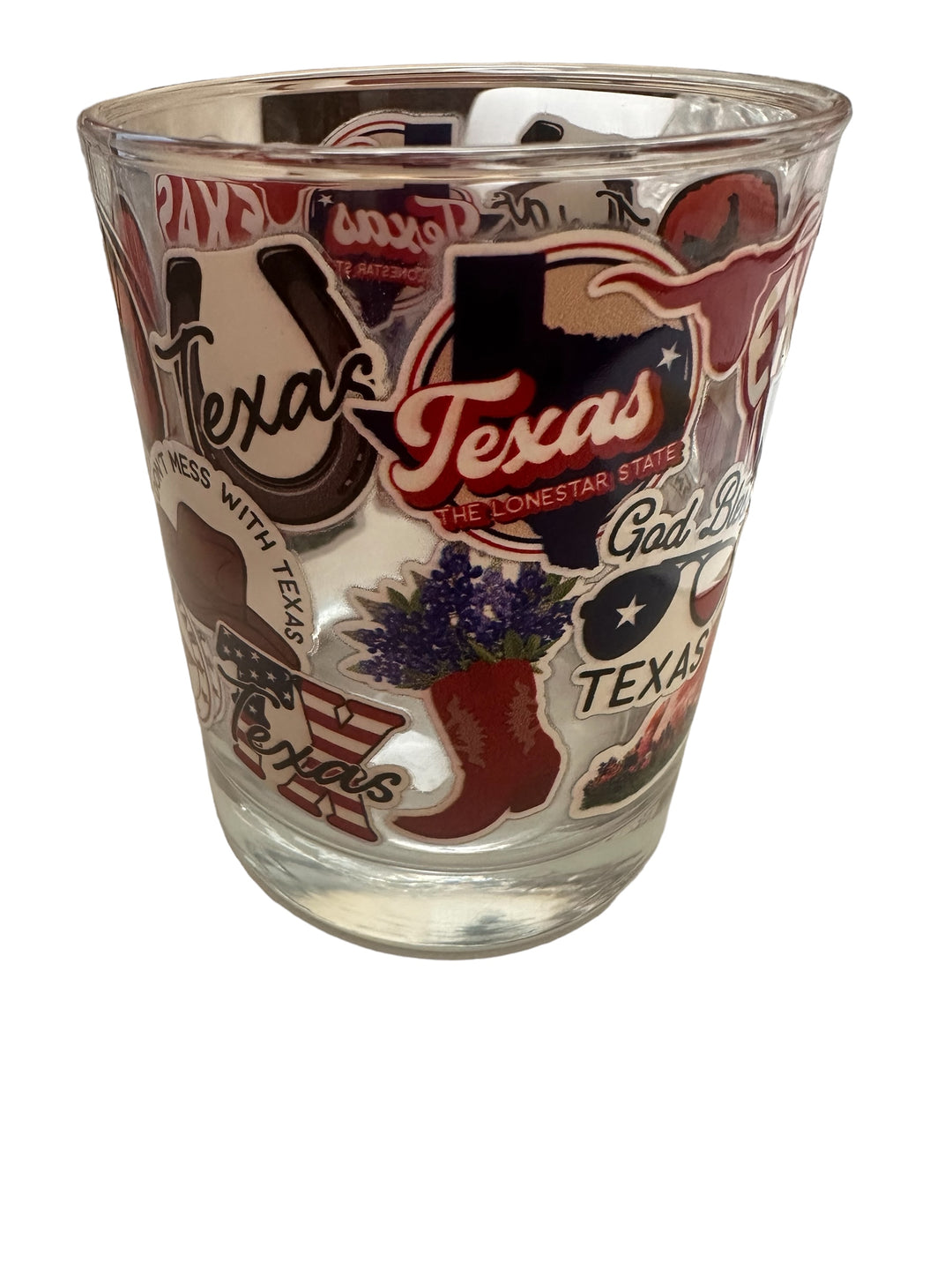 On the Rocks Texas Glass with colorful Texas-themed designs; available in 10oz and 14oz sizes.