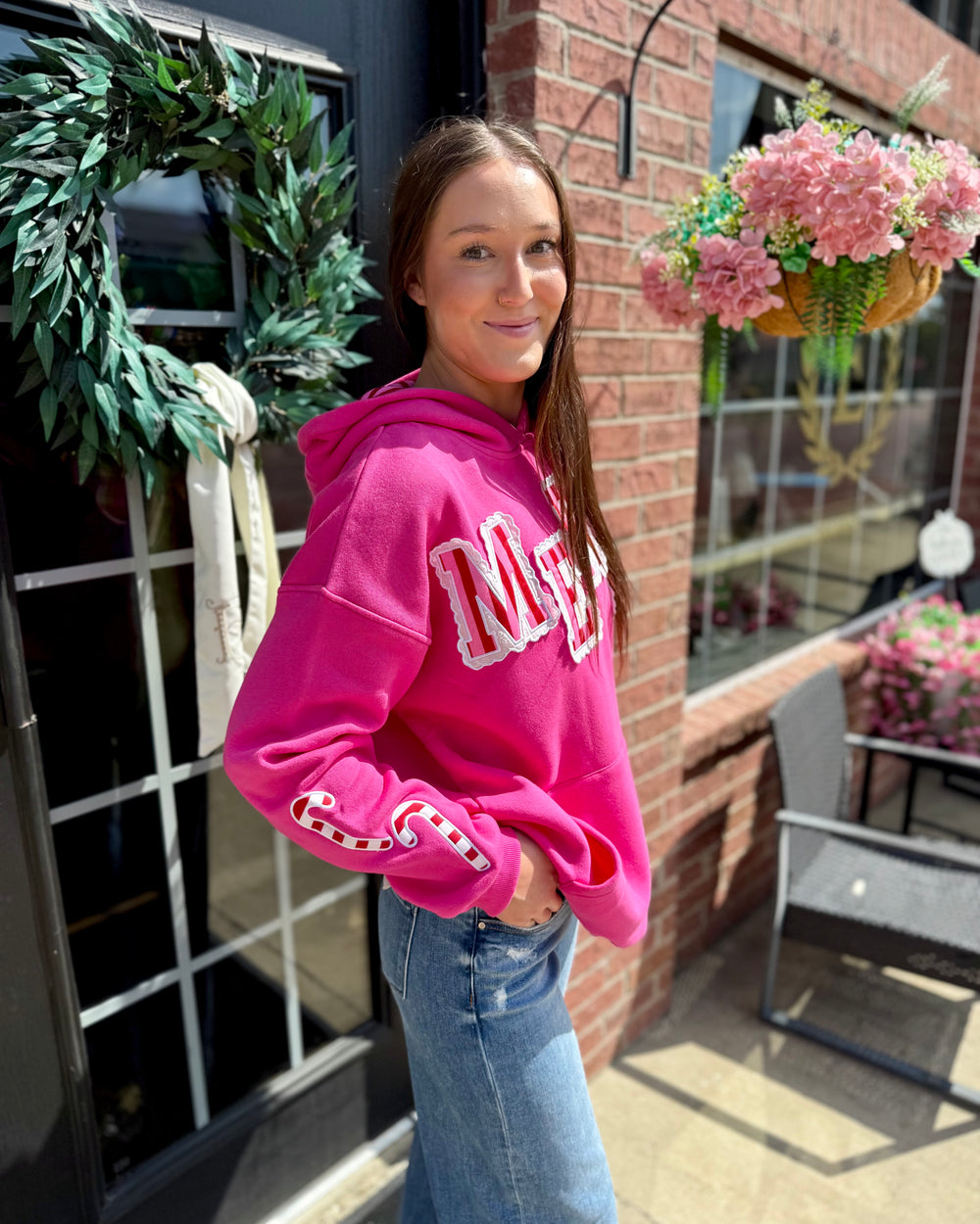 Striped Scallop Merry Hoodie, available in sizes XS-XL.