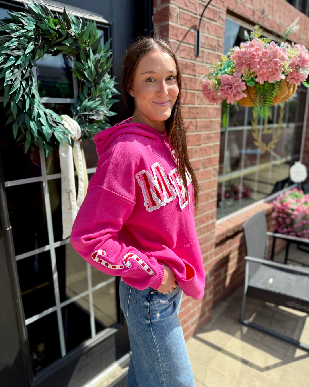 Striped Scallop Merry Hoodie, available in sizes XS-XL.