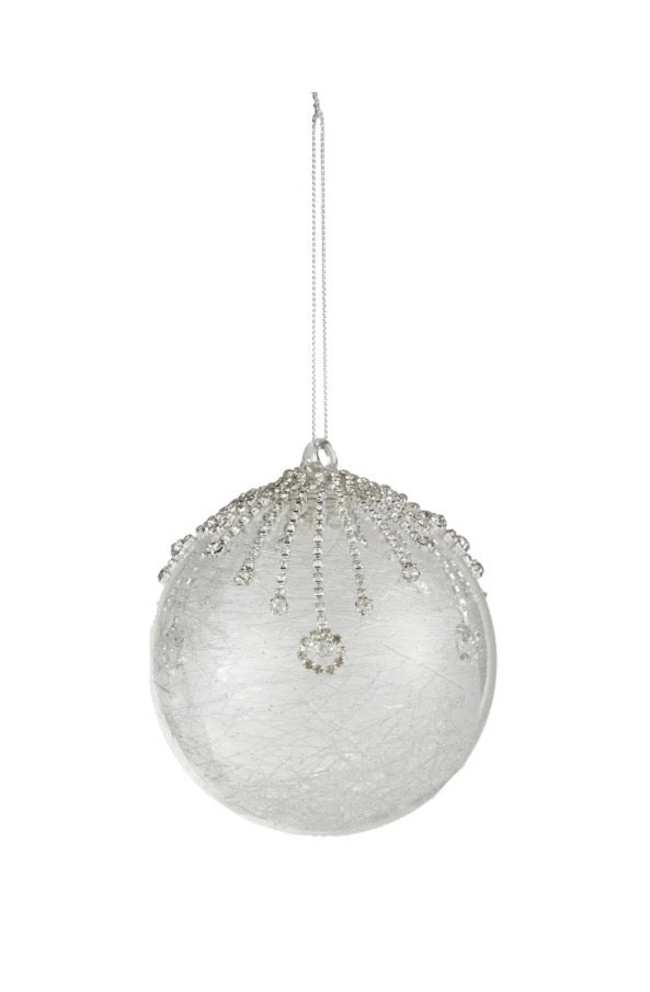 Frosted Crystal Icicle Ornament featuring a frosted glass ball, white fibrous interior, and crystal icicle accents.