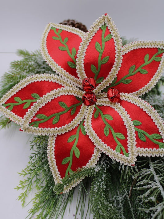 Red Poinsettia Stem Green Vines with Jingle Bell Center