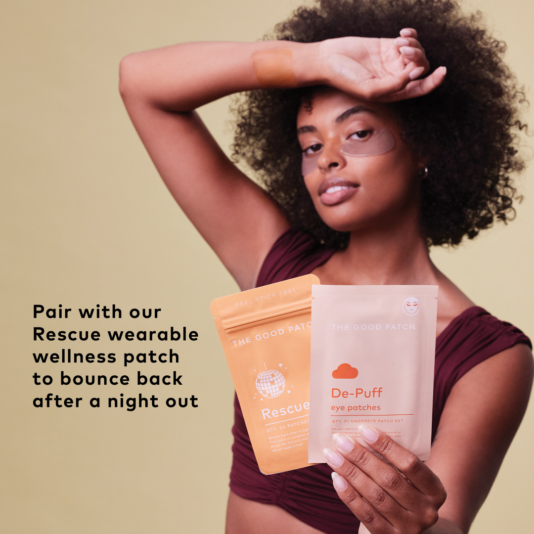 The Good Patch De-Puff hydrogel under eye patches, available in single-use packs, reduce puffiness; cooling effect shown.