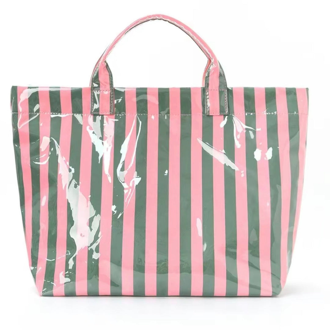 Striped Tote Bags with vertical pink and green stripes, short handles, glossy finish, lightweight, large capacity. Sizes: S, M, L.