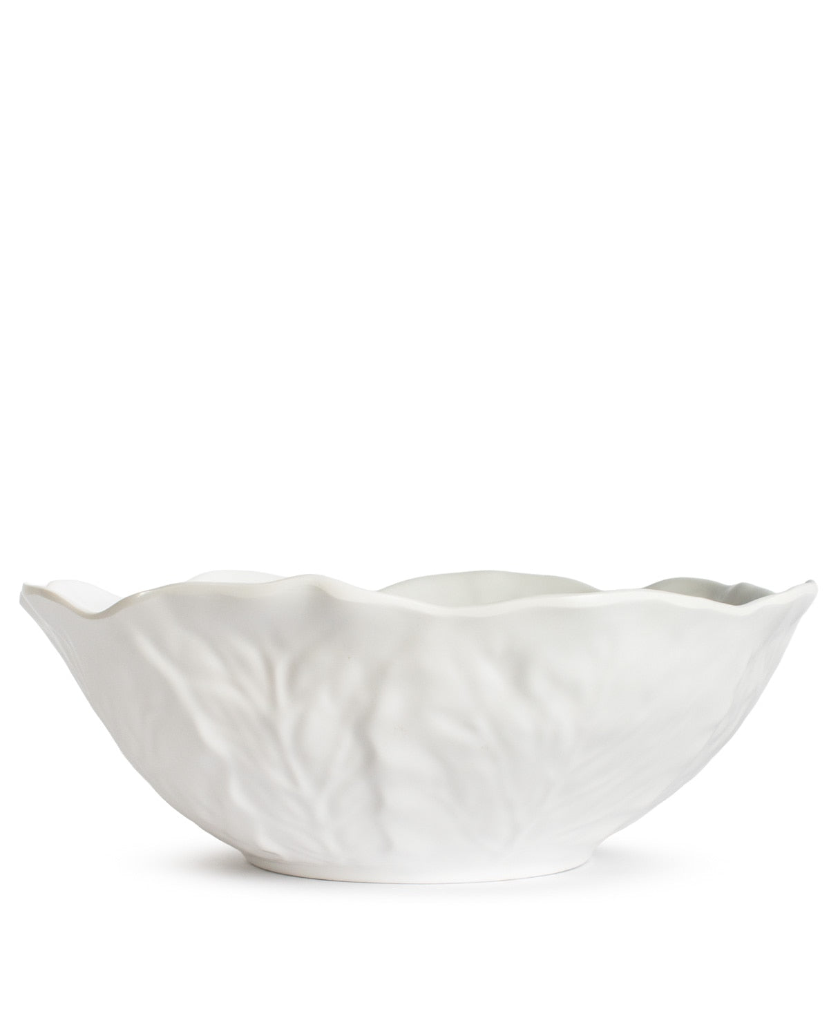 White melamine serving bowl with wavy scalloped edge and textured cabbage leaf design. Available in multiple sizes.
