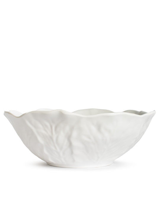 White melamine serving bowl with wavy scalloped edge and textured cabbage leaf design. Available in multiple sizes.