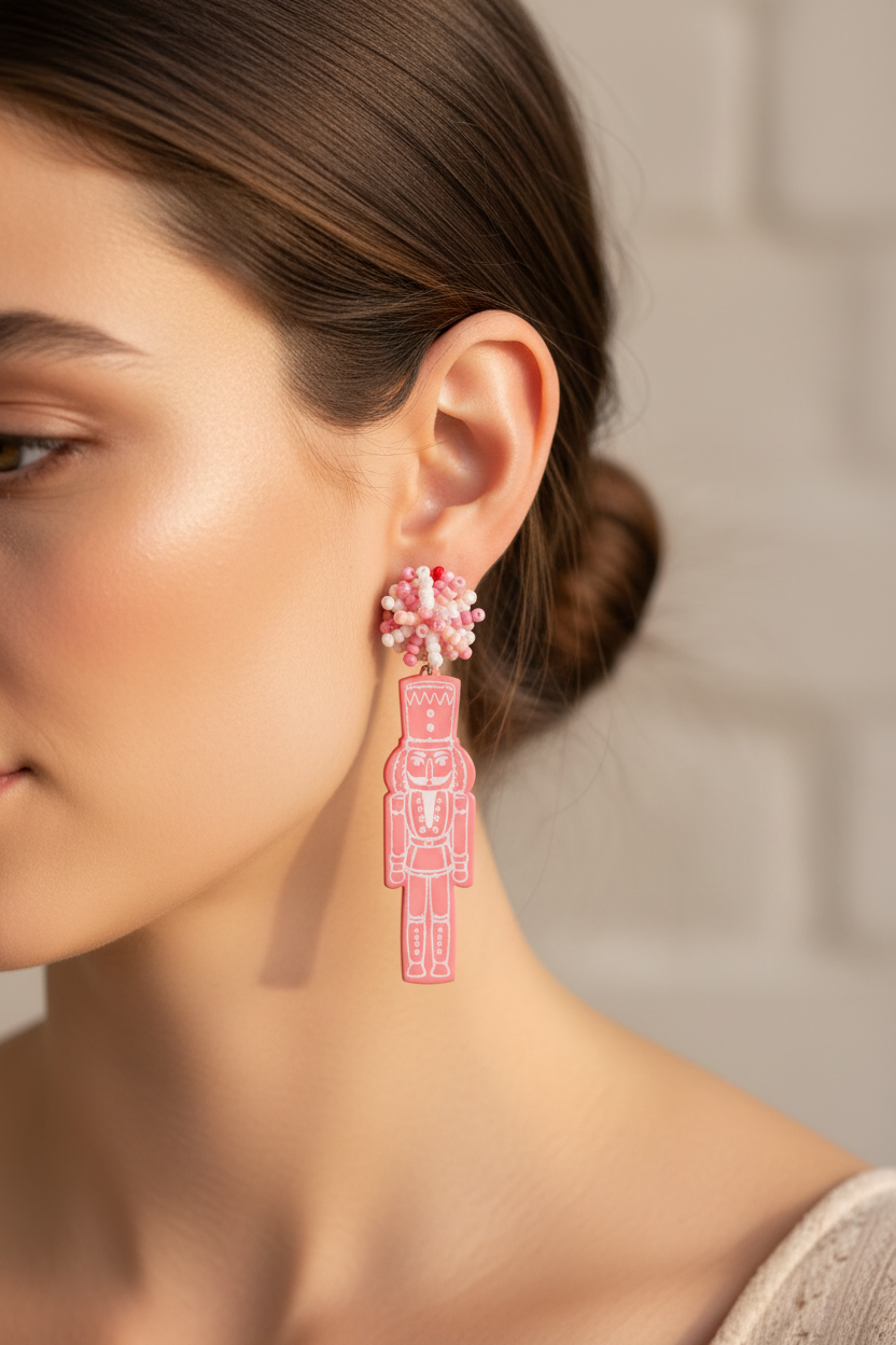 Festive Pink Nutcracker Pom Pom Earrings featuring beaded details and a dangling nutcracker design. Available in small, medium, and large sizes.